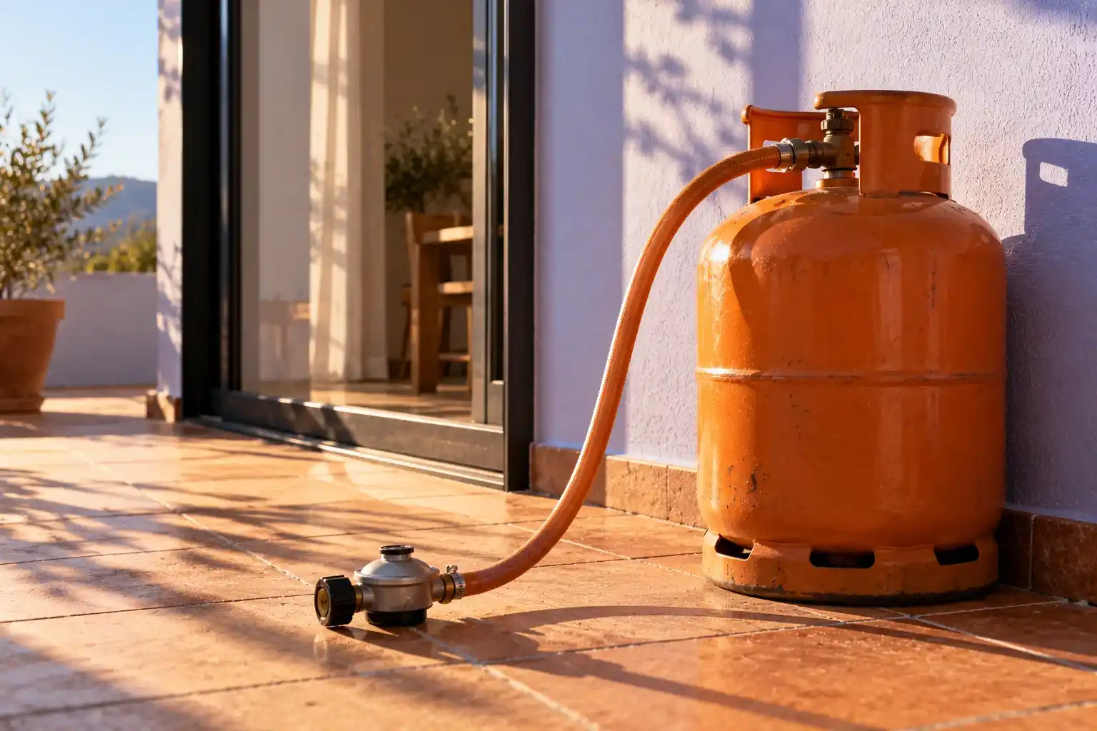 Bombona de butano naranja junto a la puerta de una terraza en una vivienda con la llave de paso a la vista