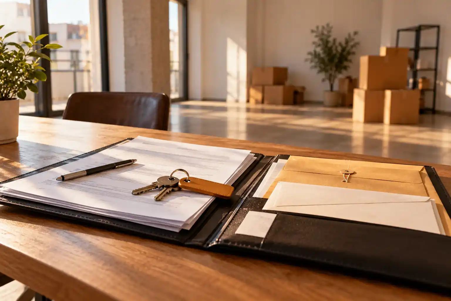 Cambio de domicilio de una empresa. Cada papel a su ventanilla 3 Cambio de domicilio de una empresa: carpeta abierta con documentos, sobres y llaves del nuevo local sobre una mesa de trabajo