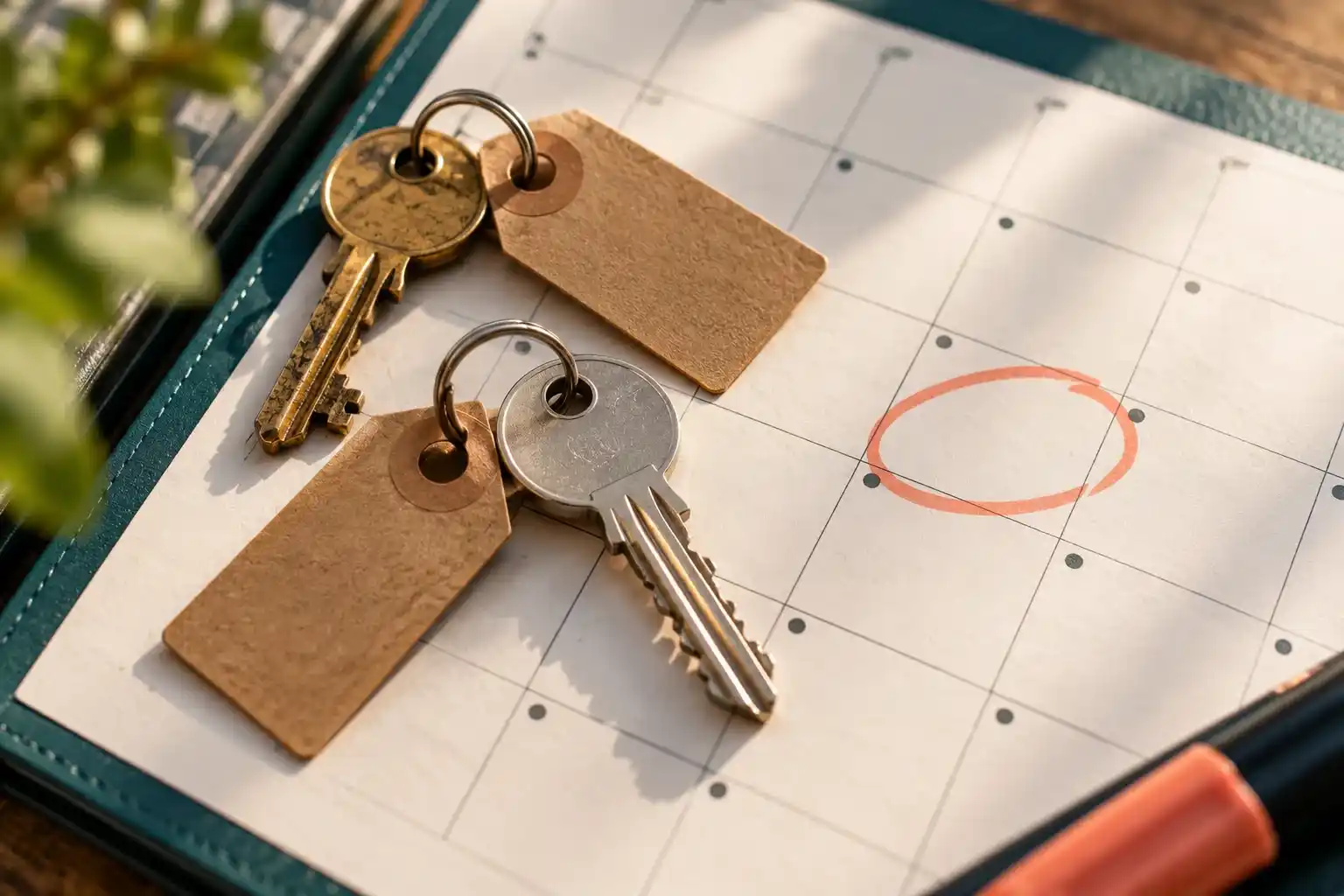 Seguro de hogar al cambiar de piso. Tu póliza sigue en el piso de antes 3 Llaves y calendario con la fecha rodeada para planificar el seguro de hogar al cambiar de piso
