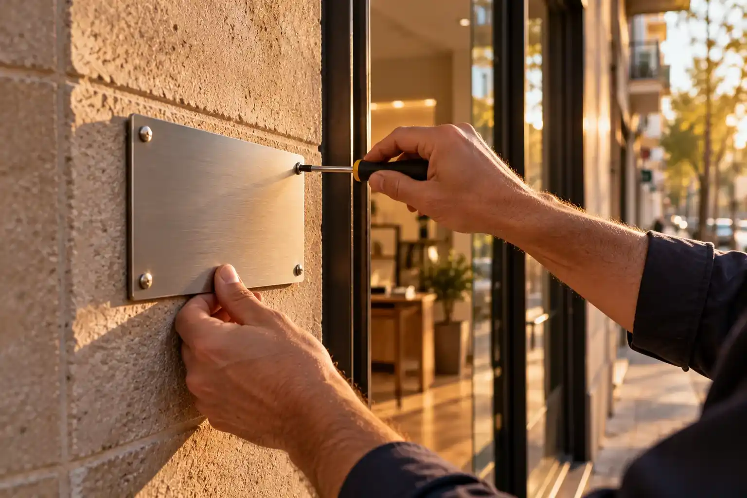 Cambio de domicilio de una empresa. Cada papel a su ventanilla 4 Mano colocando una placa con la dirección nueva junto a la puerta de un local comercial